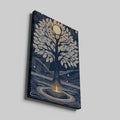 Framed canvas print of a mystical tree with a golden moon and navy background