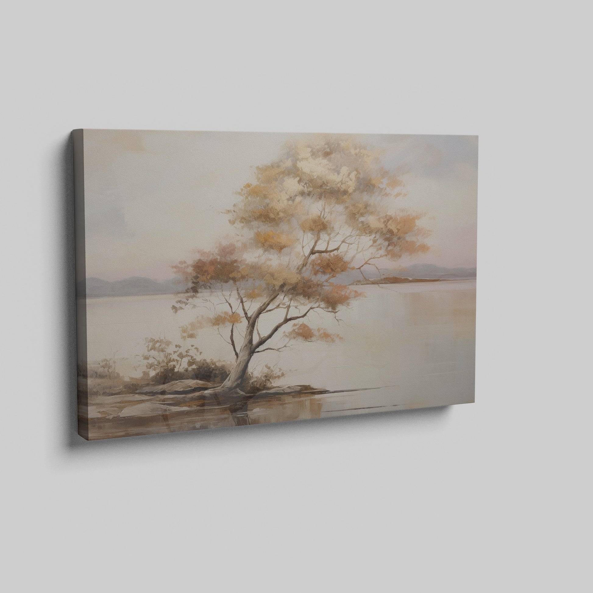 Framed canvas print of a tranquil lake landscape with an autumn tree at dusk