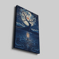 Framed canvas print of a stylised tree with moon and candle in blue shades