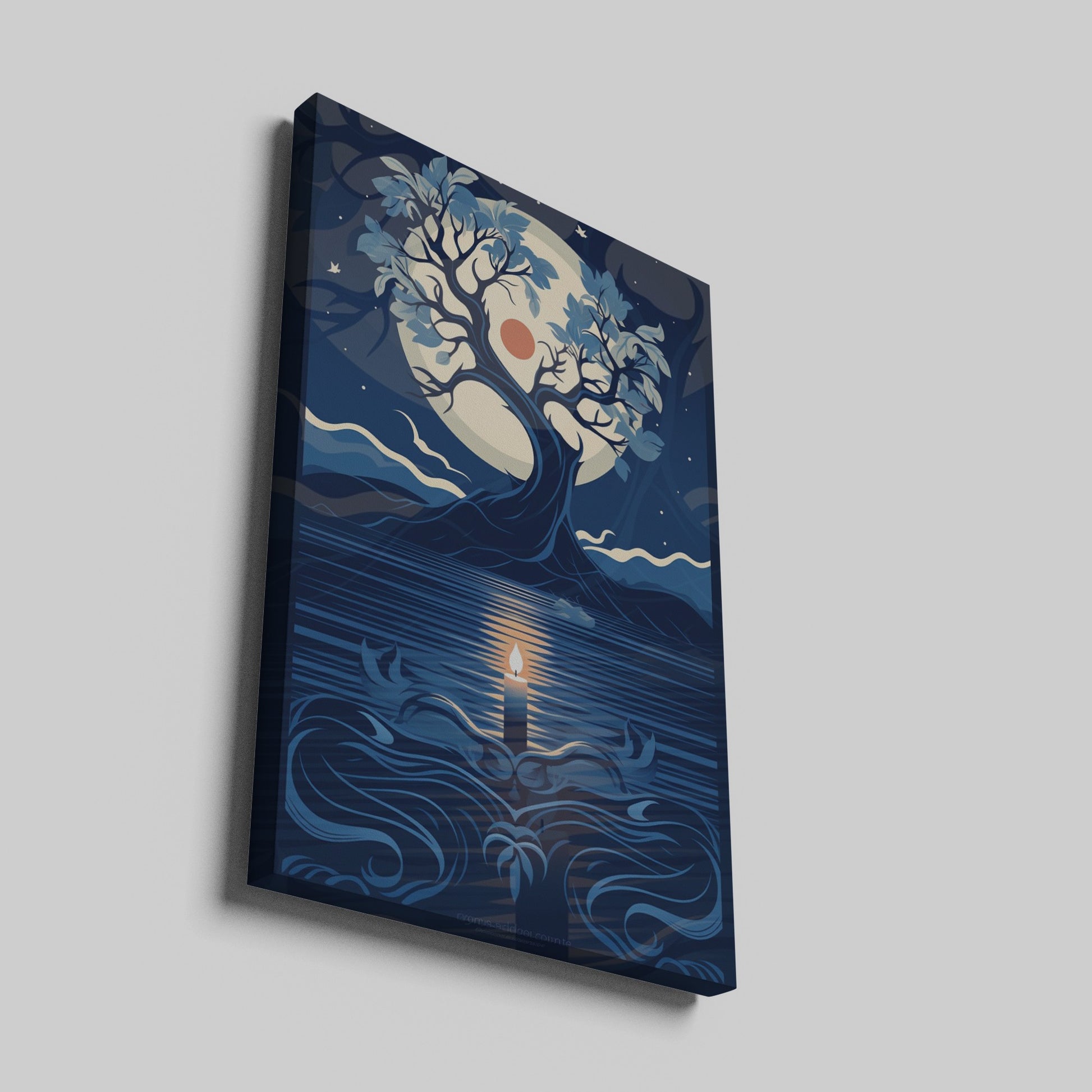 Framed canvas print of a stylised tree with moon and candle in blue shades