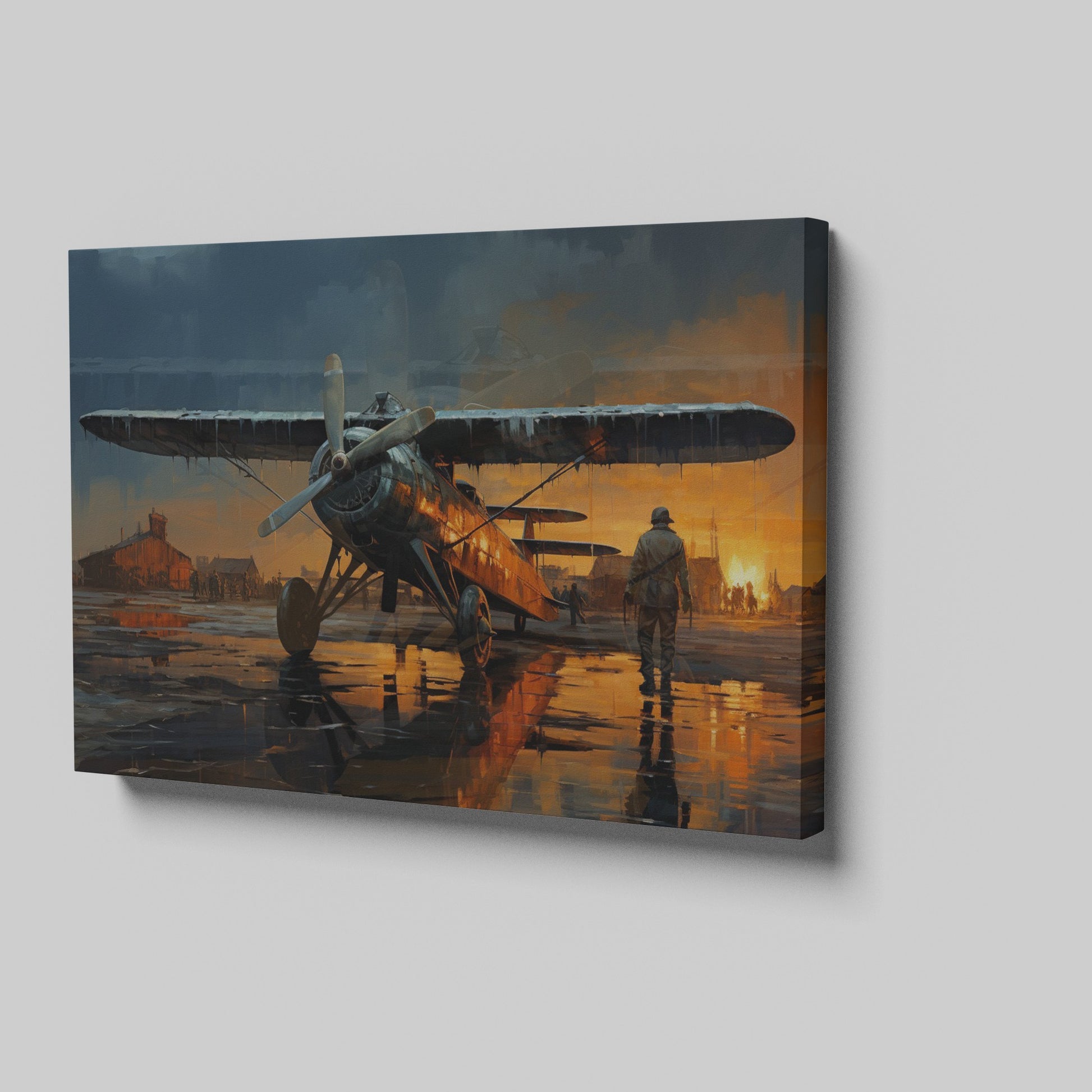 Framed canvas print of a vintage biplane at sunset with pilot walking and the aircraft's reflection on the wet ground