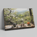 Framed canvas print of a serene Japanese tea garden view with cherry blossoms and mountains