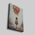 Framed canvas print of a youthful figure standing before an urban skyline, holding a cluster of colourful balloons