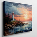 Framed canvas print of a vibrant impressionist sunset over a lighthouse and ocean