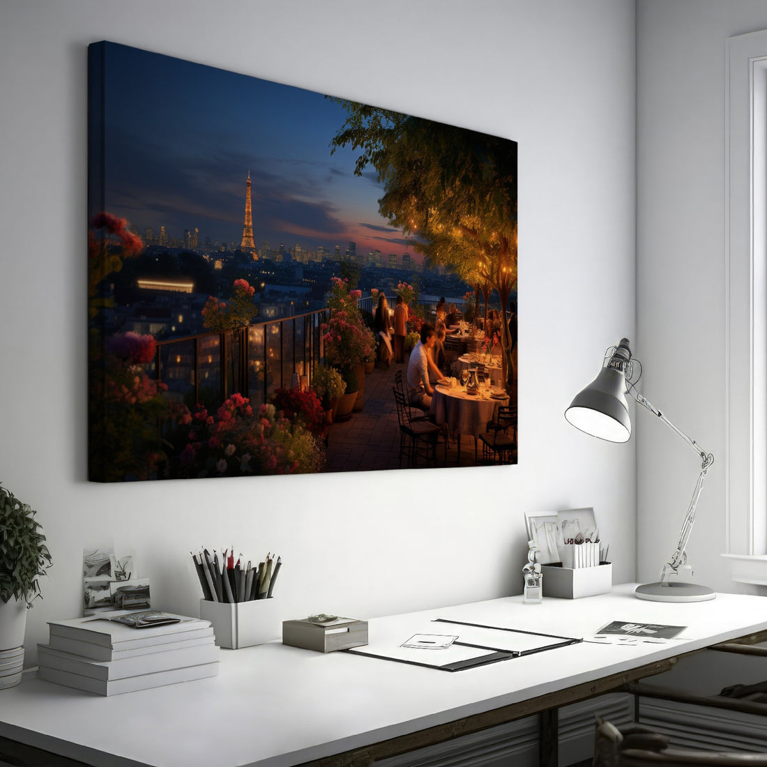 Framed canvas print of a romantic rooftop dining scene in Paris with Eiffel Tower in the background