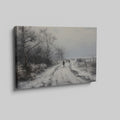 Framed canvas print of a winter landscape with a snowy path and figures walking, in a monochrome colour scheme