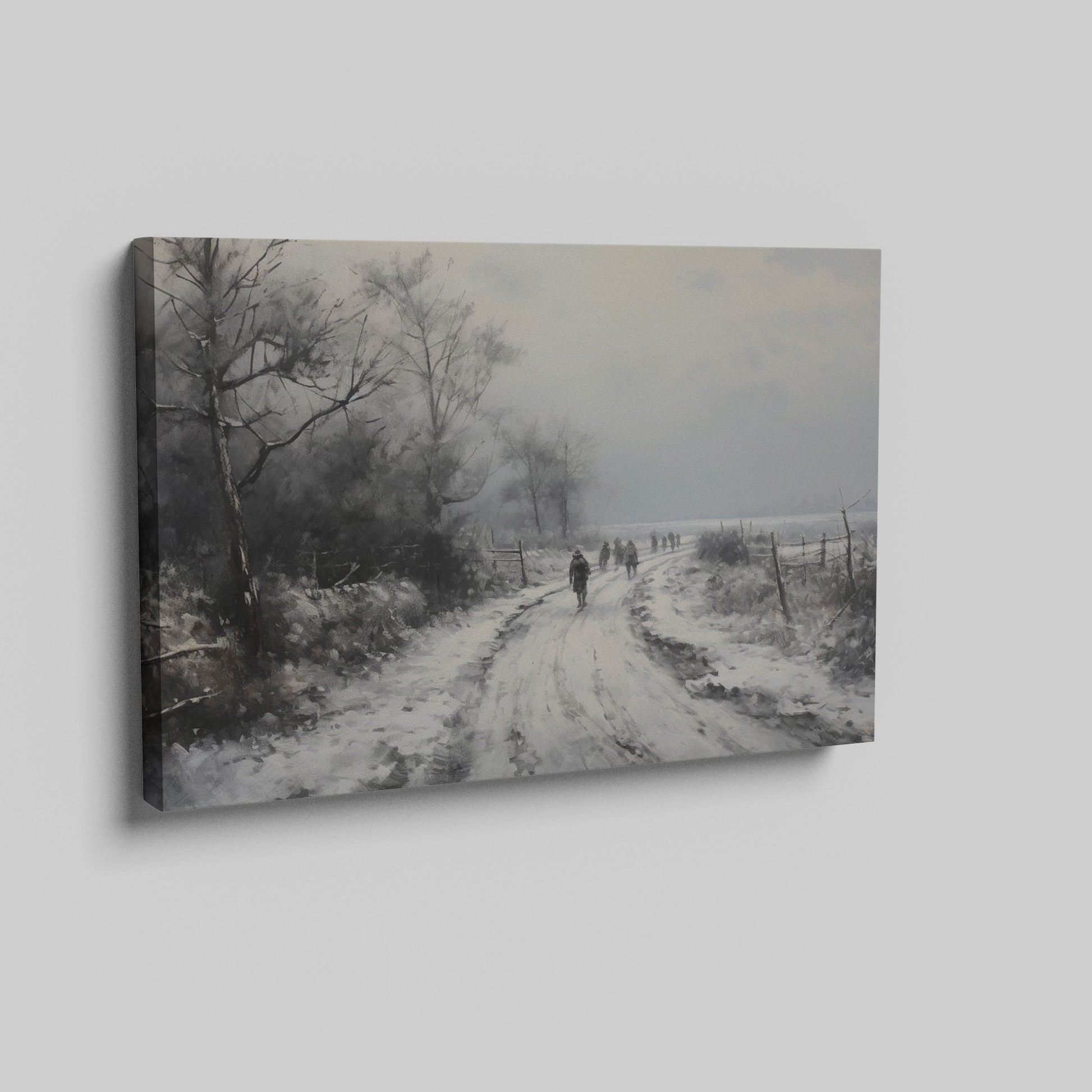 Framed canvas print of a winter landscape with a snowy path and figures walking, in a monochrome colour scheme