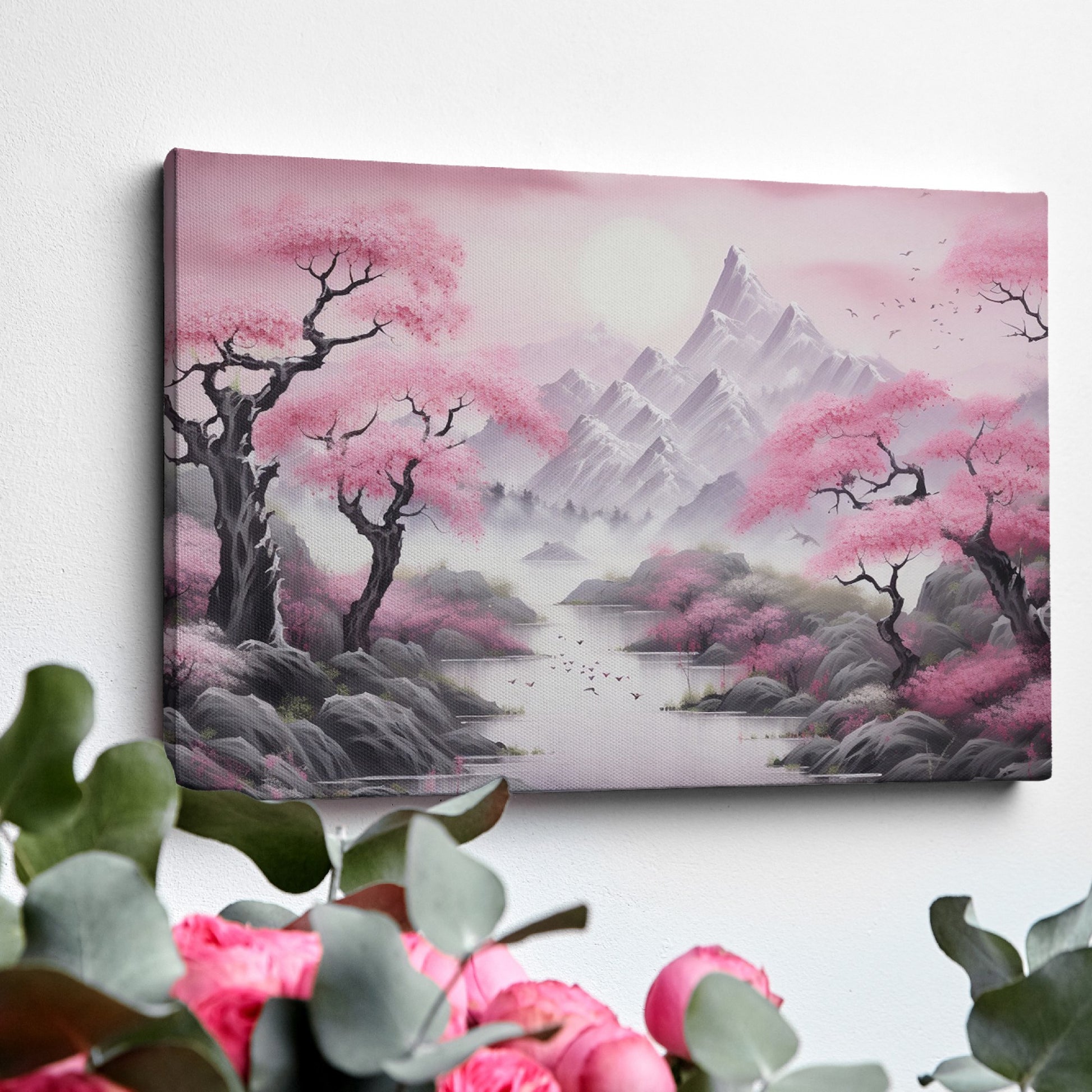 Framed canvas print of Oriental cherry blossom landscape with misty mountains and serene lake