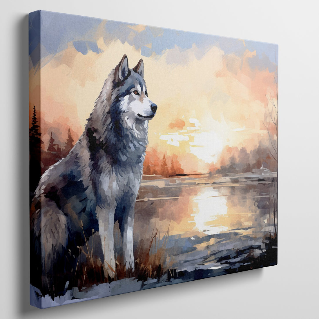 Artistic canvas print showing a wolf in a vibrant autumn landscape with a sunset over a calm lake.