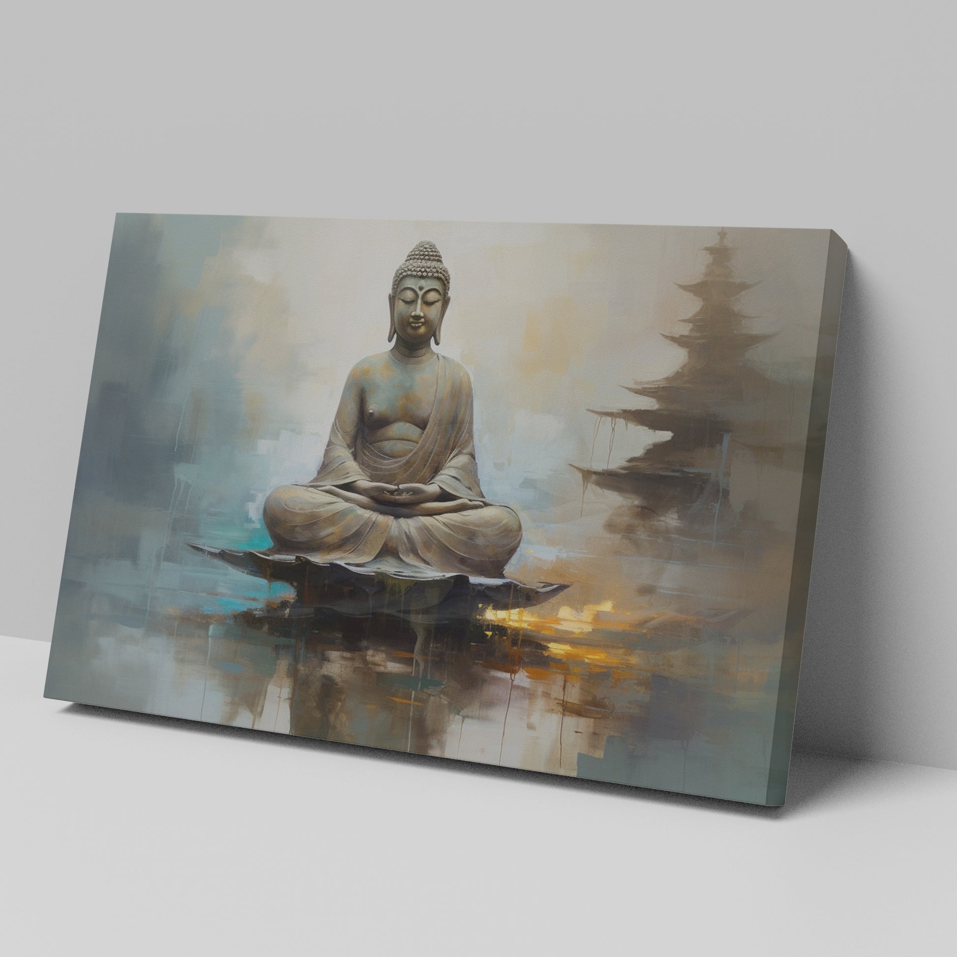 Framed canvas print of a serene Buddha in meditation with warm and earthy tones