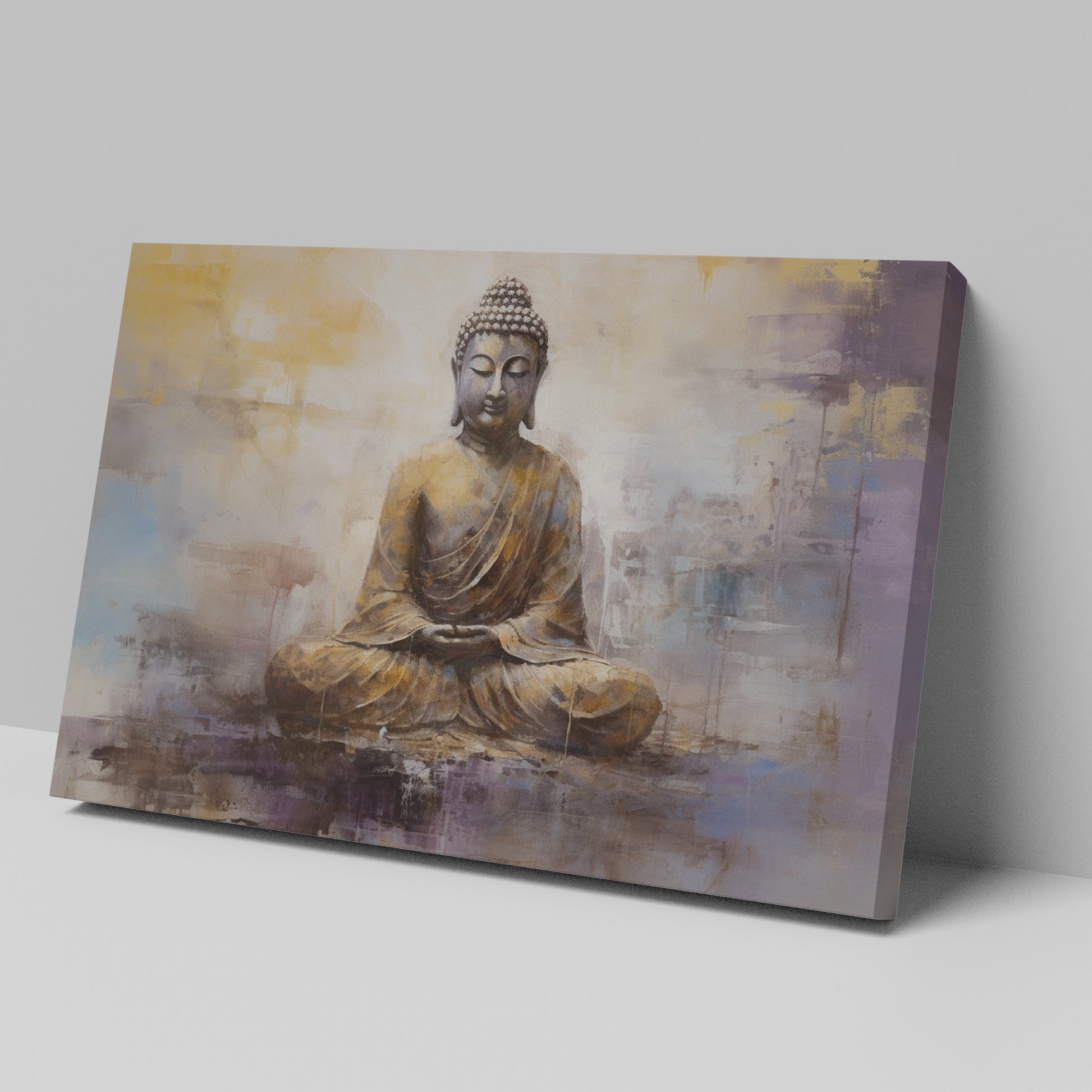 Framed canvas print of a golden Buddha in meditative pose with abstract background