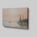 Peaceful landscape painting of a sailboat on a mirror-like lake with orange sky and pine trees