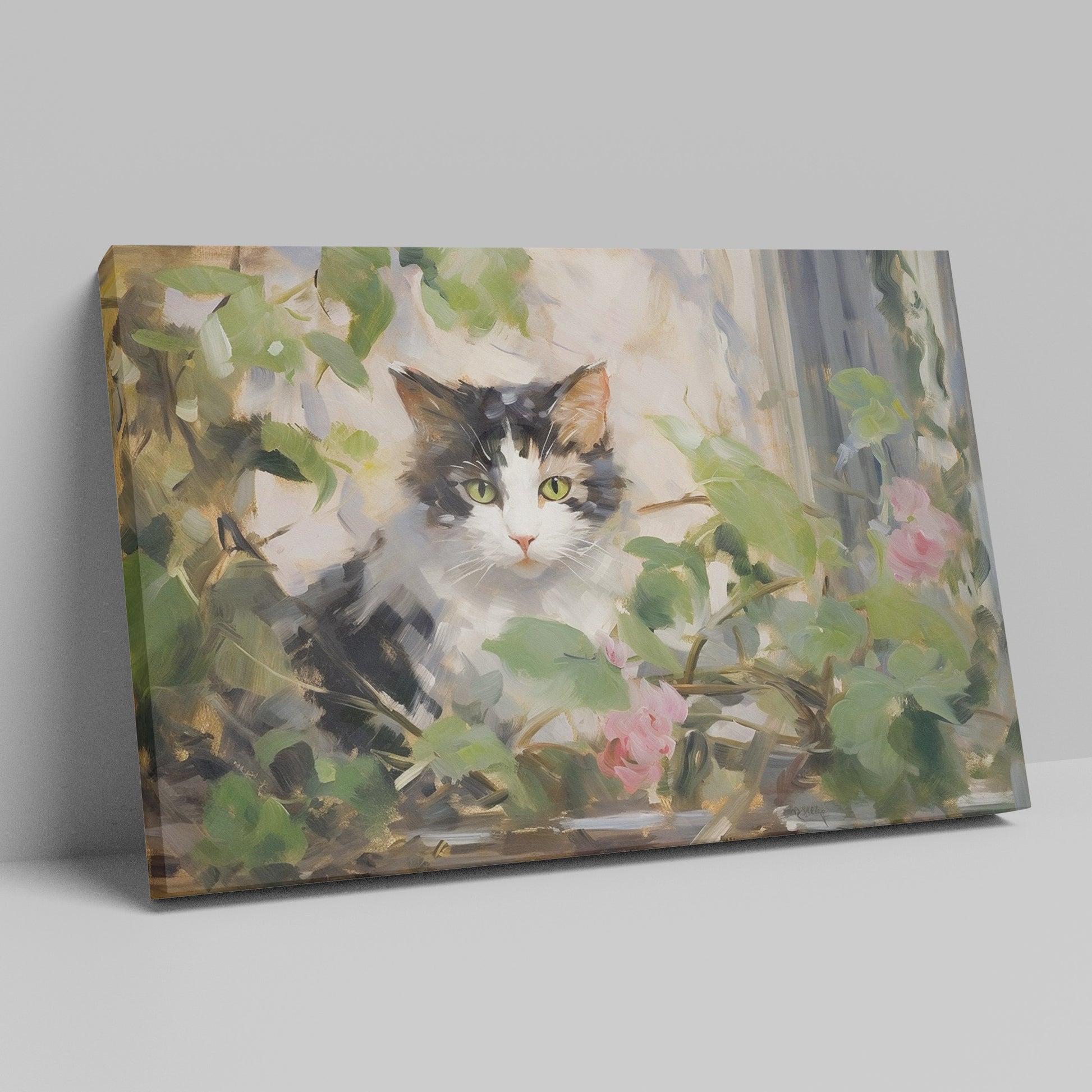 Framed canvas print of impressionist painting featuring a cat with roses and green leaves