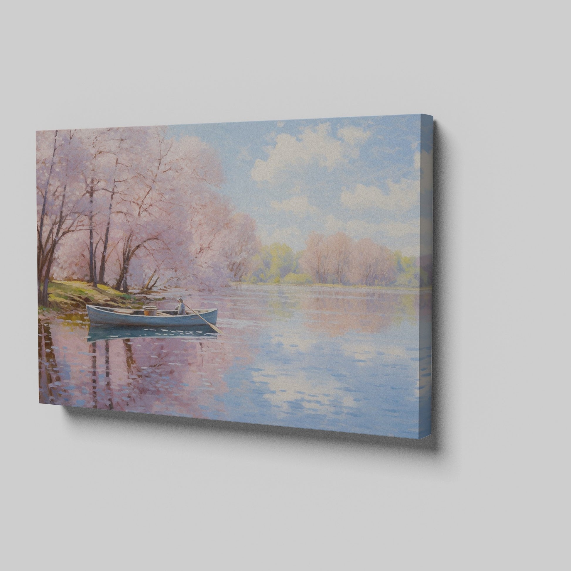 Framed canvas print of a serene river scene with cherry blossoms and a small boat