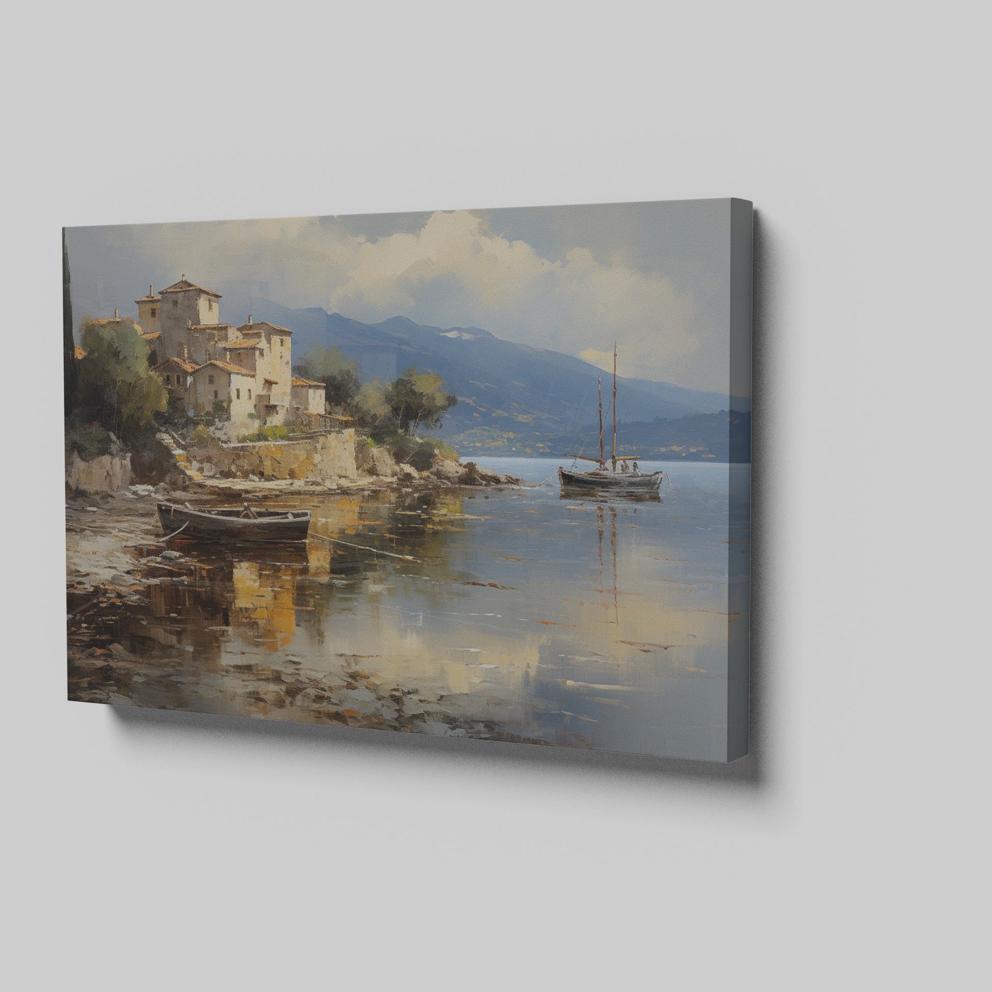 Framed canvas print of a Mediterranean coastal village with boats and serene sea reflections