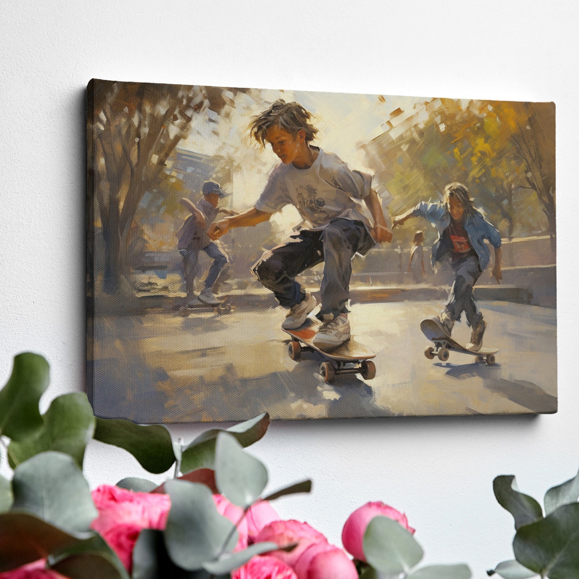 Framed canvas print capturing the movement and energy of young skateboarders at a sunlit urban skatepark