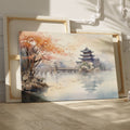 Framed canvas print depicting an autumnal Oriental scene with a pagoda and misty lake