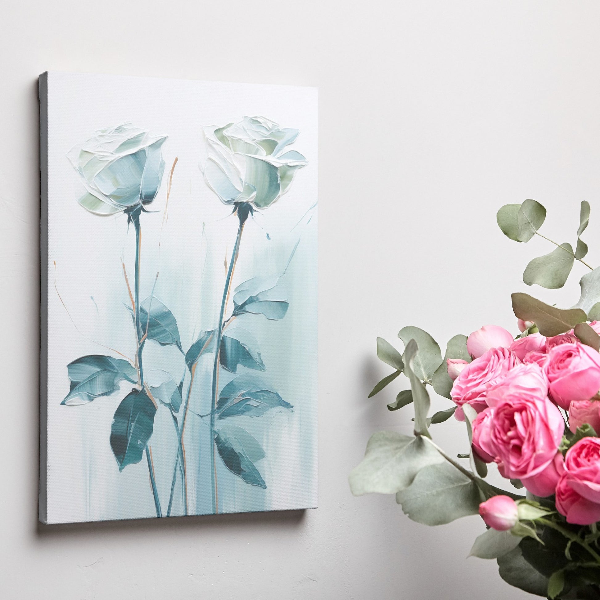 Framed canvas print of abstract blue roses with a textured appearance and soft colour palette