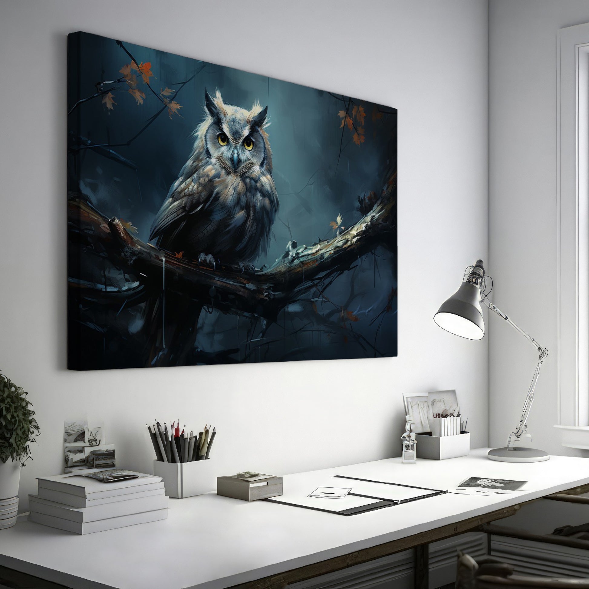 Framed canvas print of a mystical owl with amber eyes perched on a branch against a dark, moody background with autumn leaves