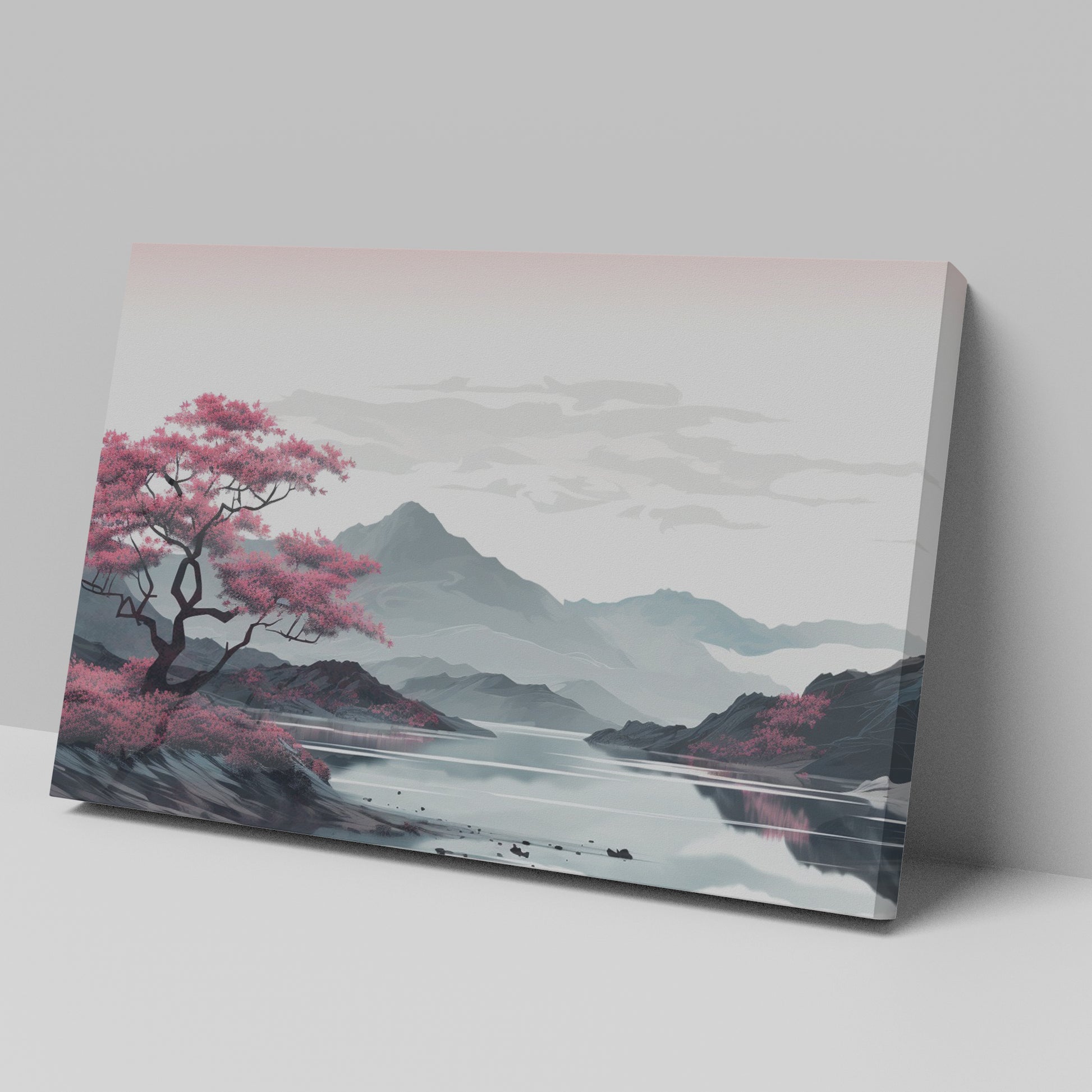 Framed canvas print of an oriental cherry blossom beside a reflective lake with mountain backdrop