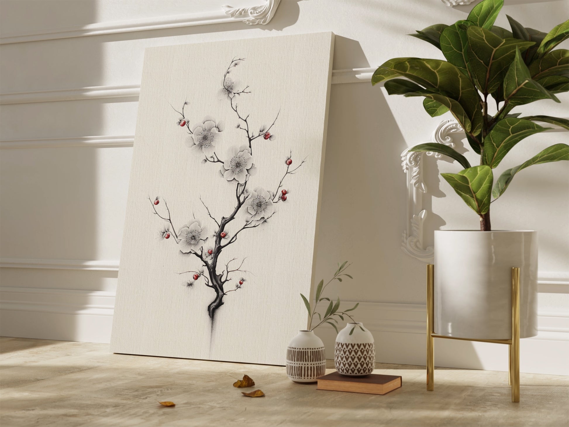 Framed canvas print of monochrome cherry blossoms with red accents