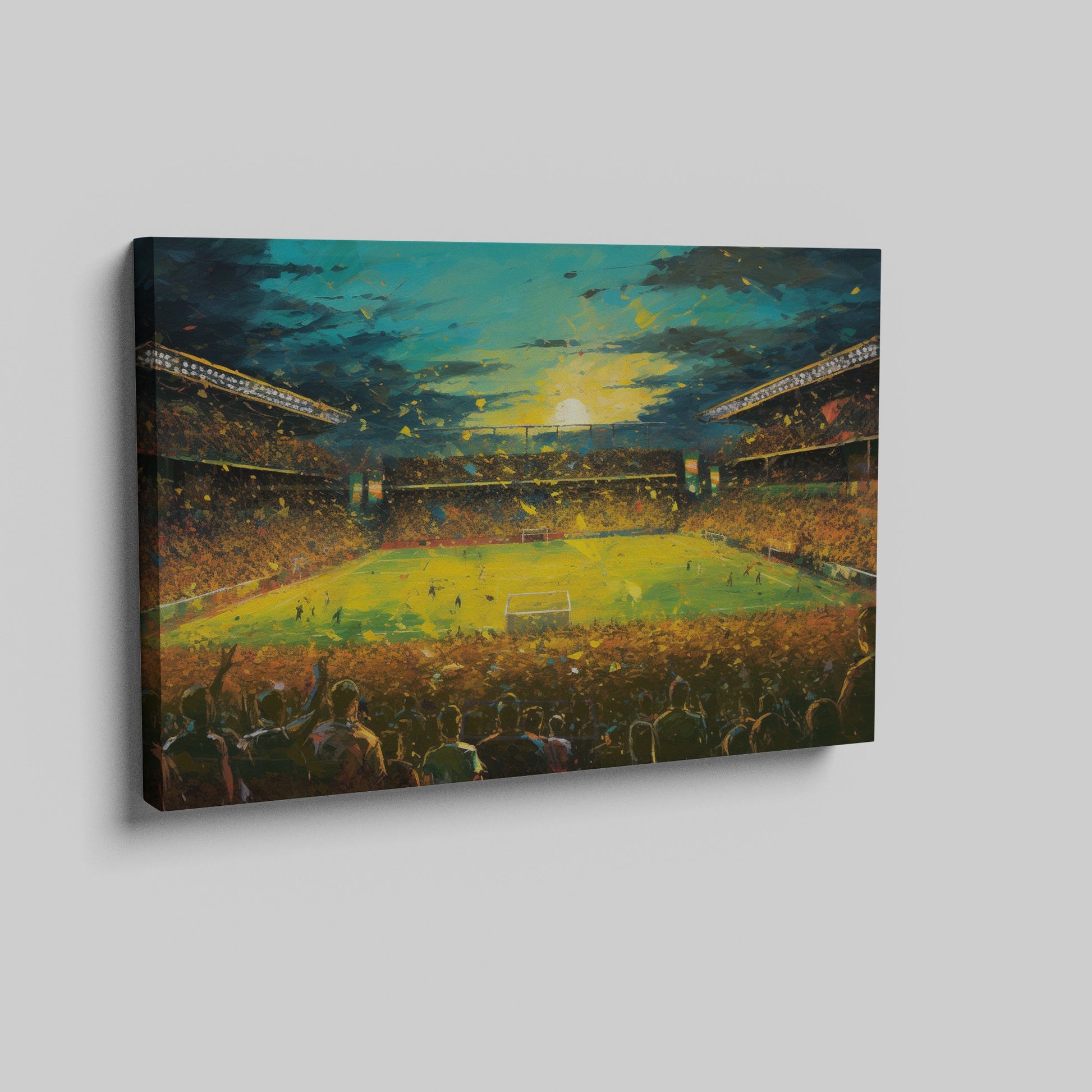 Framed canvas print of an impressionist painting capturing a football match at sunset with a cheering crowd