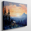 Framed canvas print of a mountain sunrise with a rustic cabin amongst pine trees