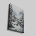 Framed canvas print of a tranquil mountain stream with misty forest backdrop