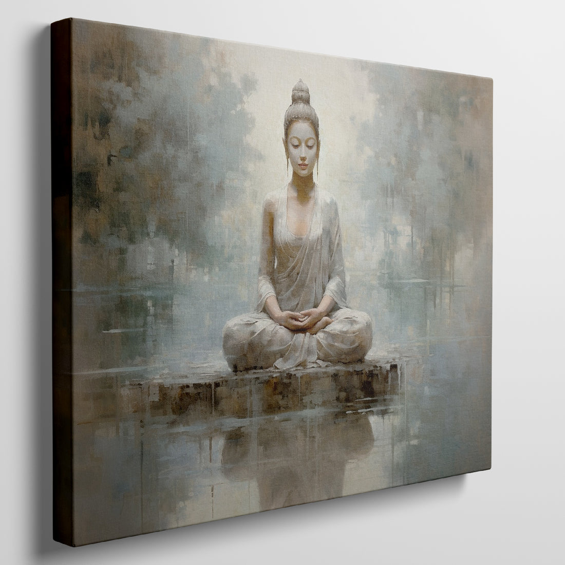 Framed canvas print of a meditative Buddha in serene, neutral tones