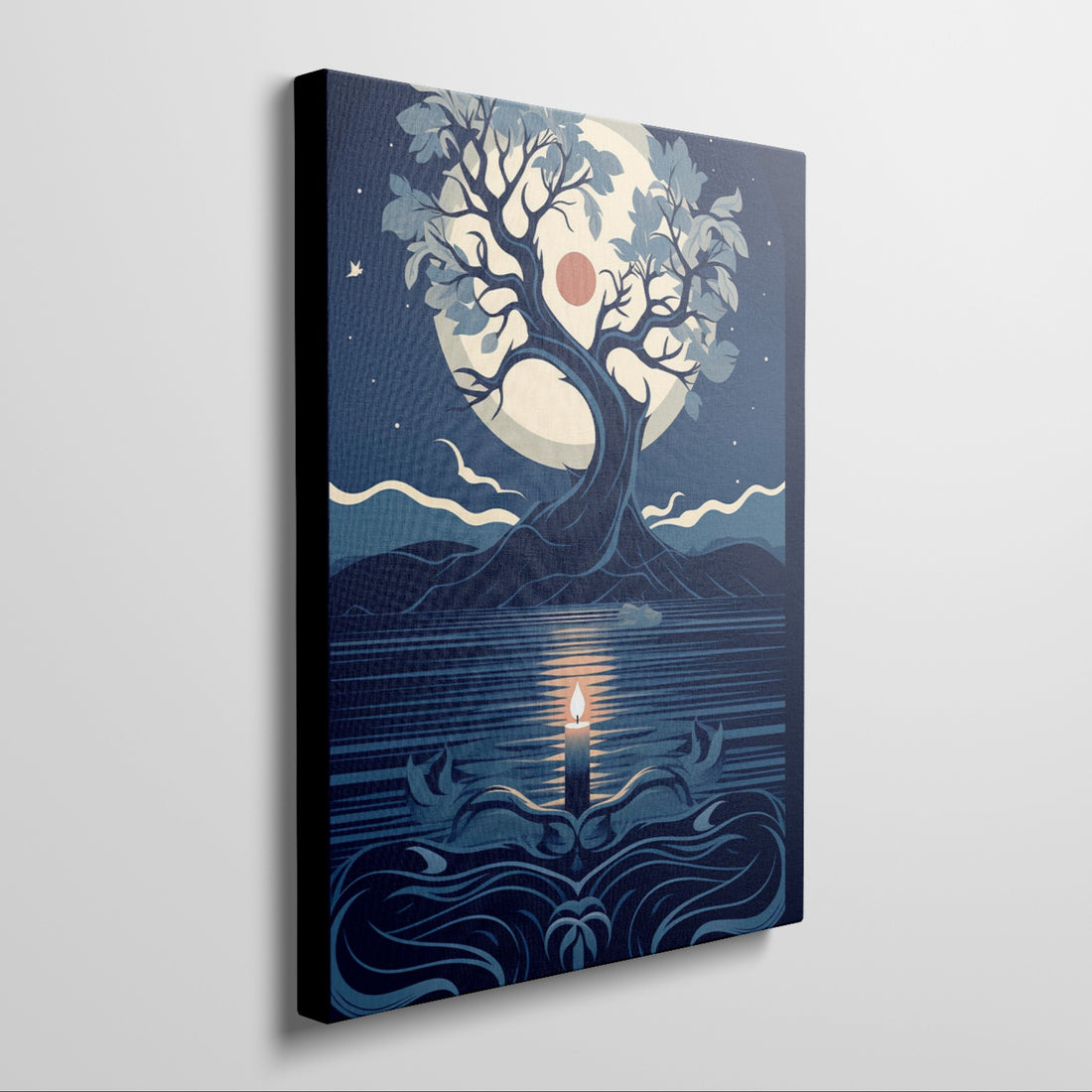 Framed canvas print of a stylised tree with moon and candle in blue shades