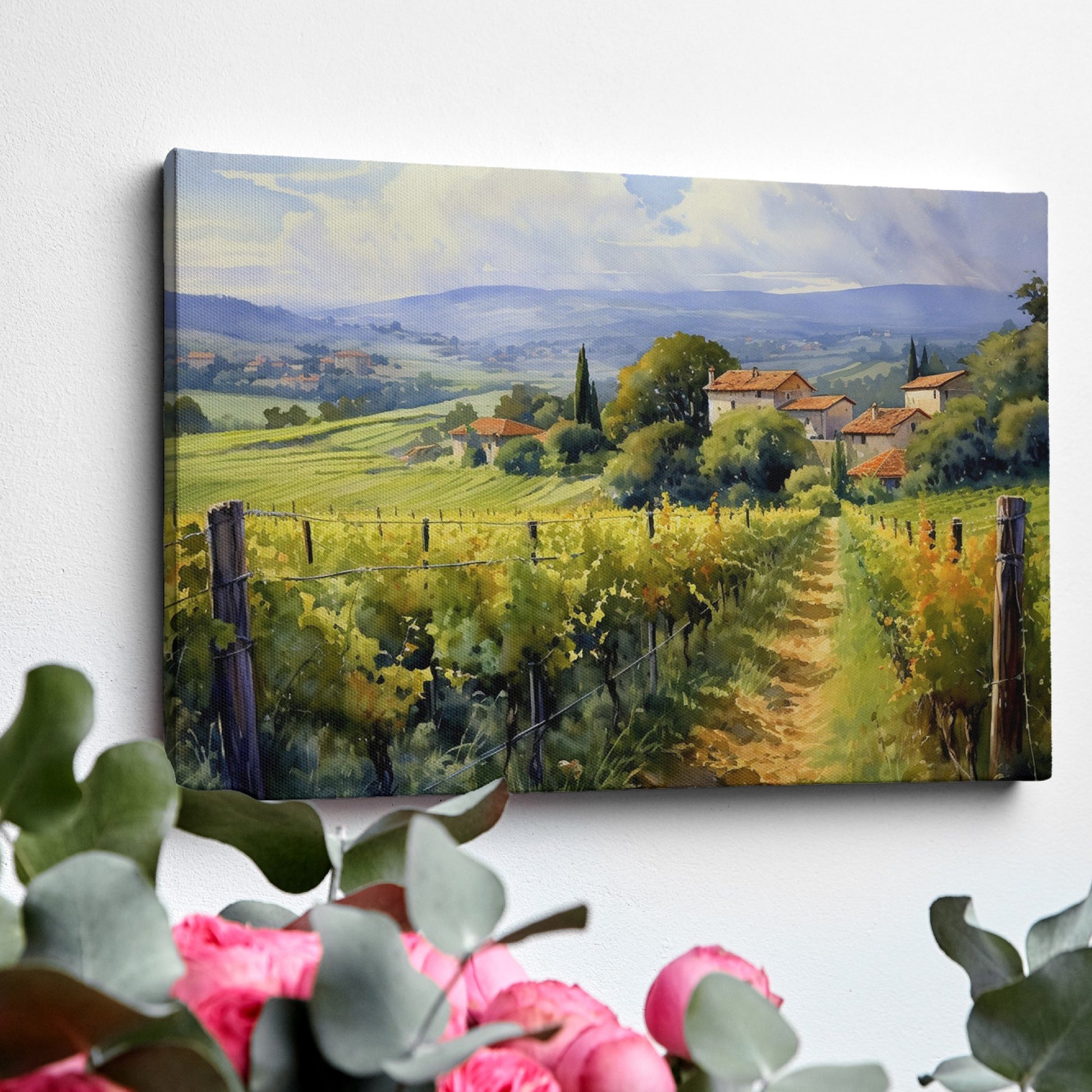 Framed canvas print of Tuscan vineyard and countryside landscape with vibrant colours and rustic farmhouses