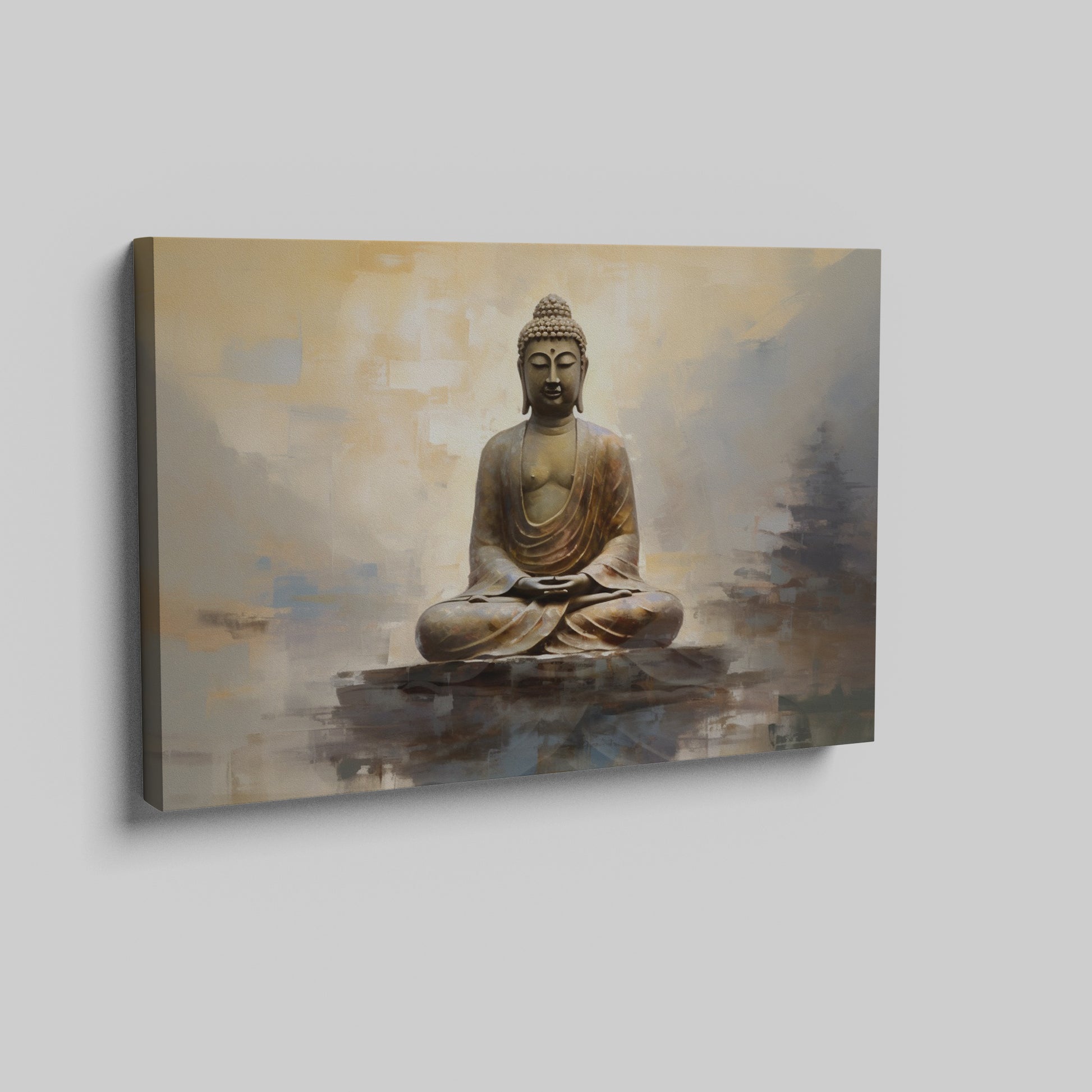 Framed canvas print of a golden Buddha statue with an abstract background