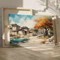 Framed canvas print of an impressionist style Oriental village scene with autumnal trees and traditional architecture