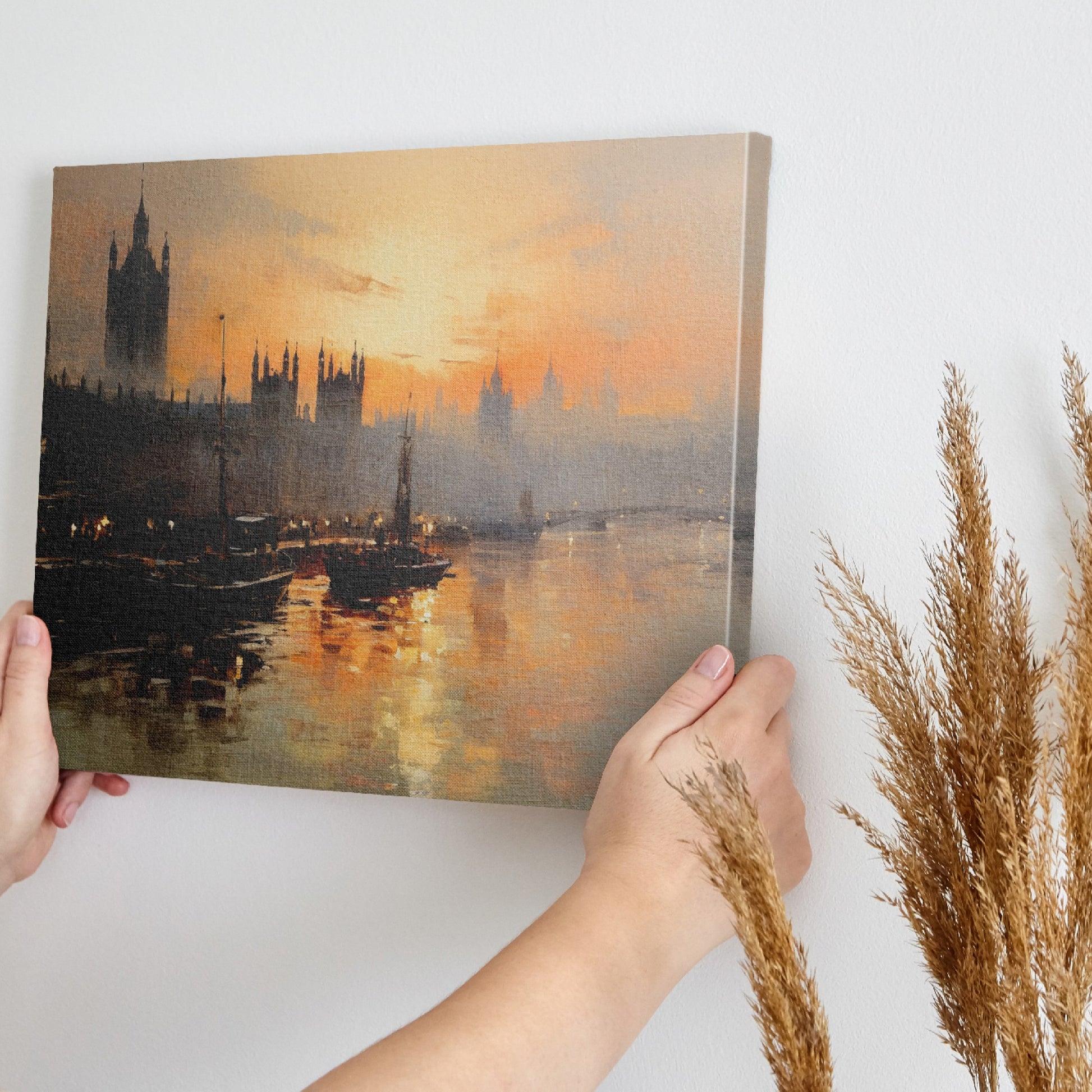 Framed canvas print of a sunset over the River Thames with London skyline and boats in impressionist style