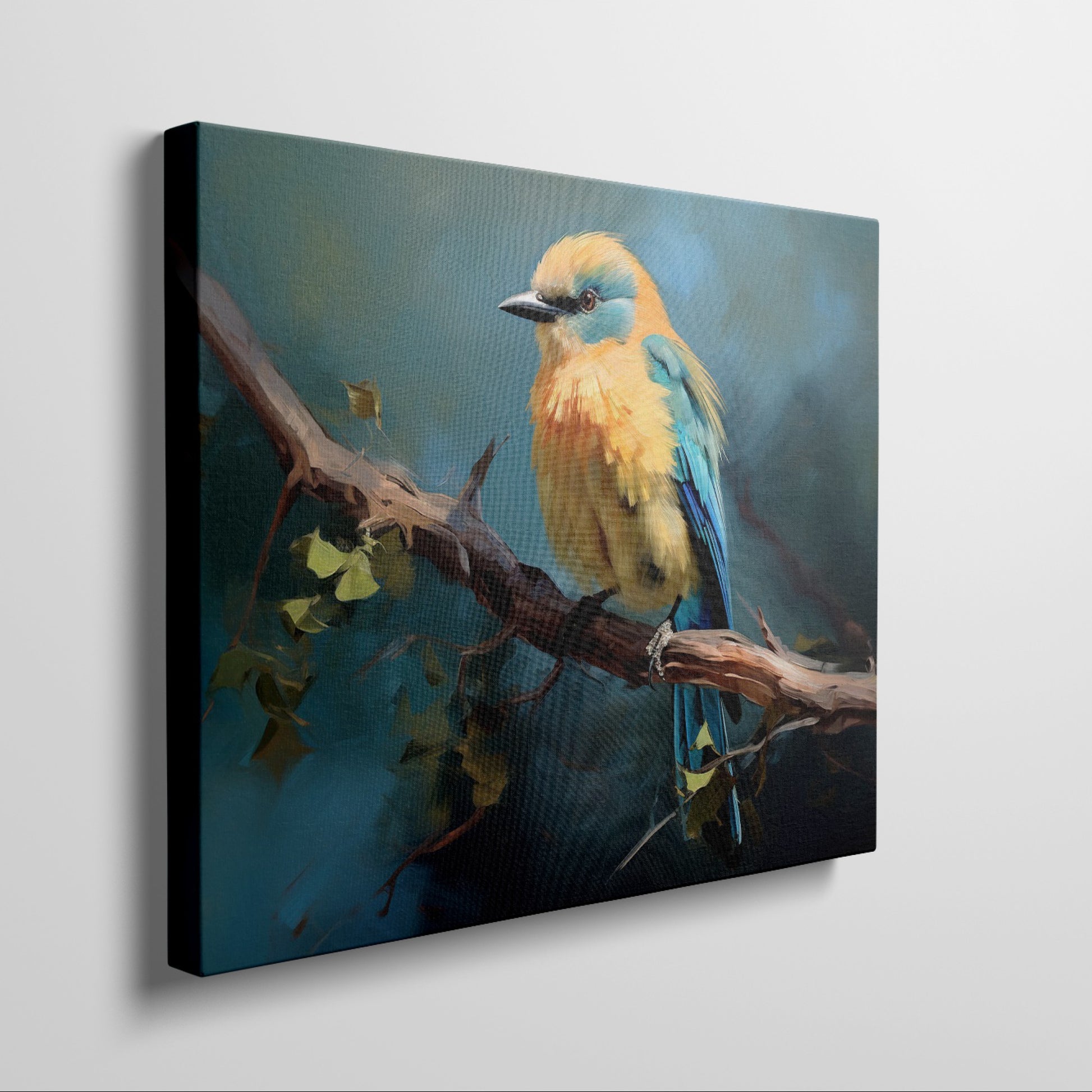 Framed canvas print of a vibrant blue and yellow bird perched on a tree branch with green leaves