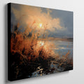 Framed canvas print of impressionist sunset with vivid brushstrokes in golden and blue