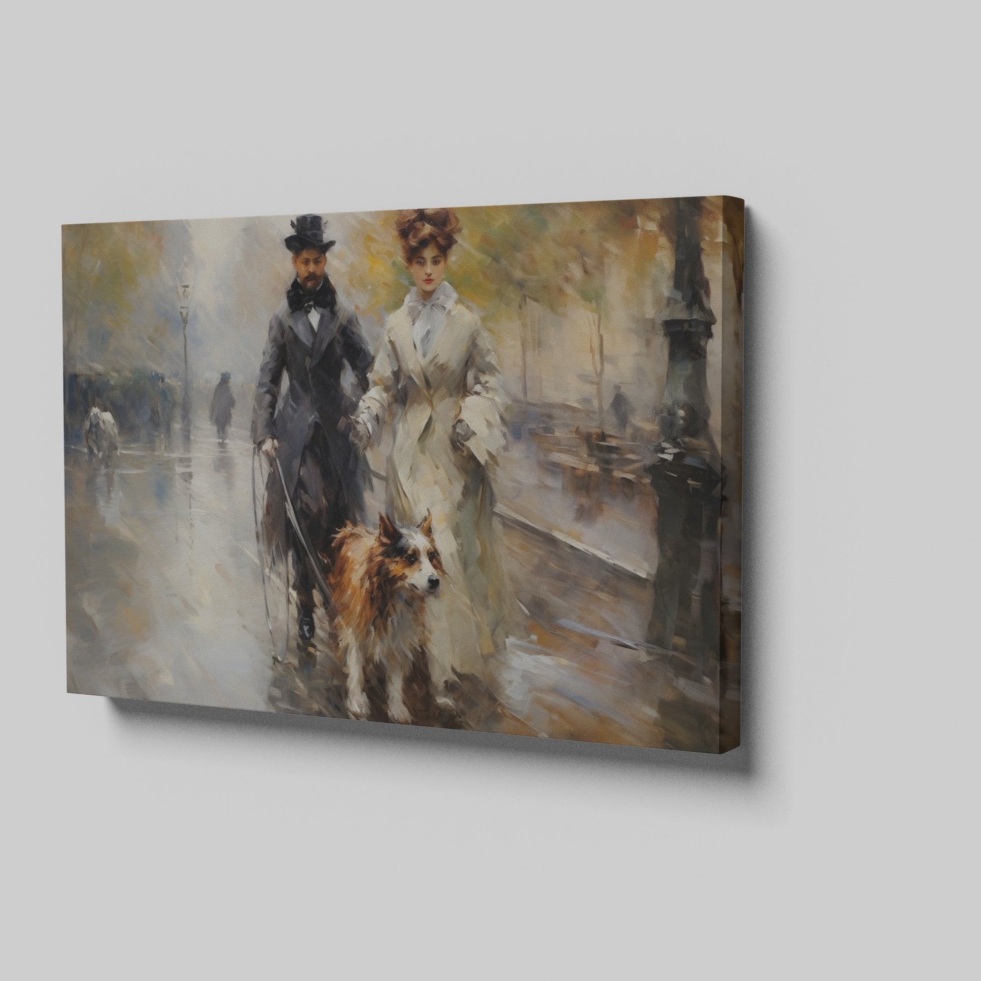 Framed canvas print of a Victorian couple and their dog walking on a rainy Paris street