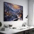 Framed canvas print of a snowy Alpine village at twilight with warm glowing cottages and snow-capped mountains