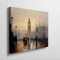 Framed canvas print of London's Big Ben and red buses in an abstract impressionist style with warm golden colours