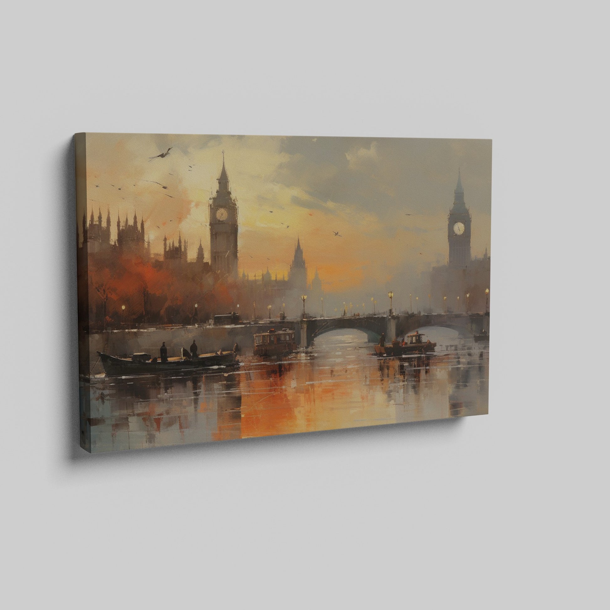 Framed canvas print of London's Big Ben and River Thames during sunset with impressionist style painting