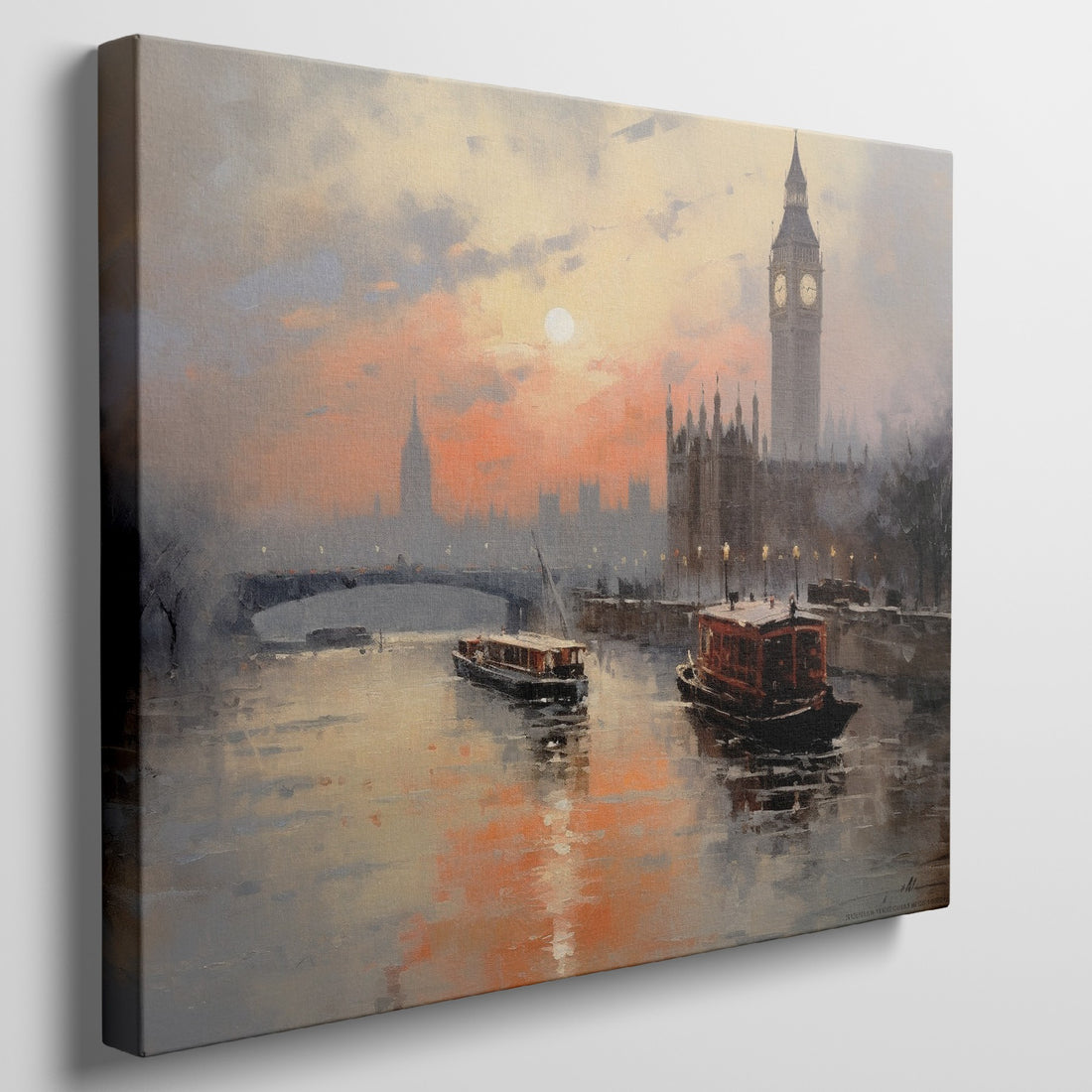 Framed canvas print of London's Westminster skyline at sunset with soft orange and blue tones