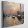 Framed canvas print of London's Westminster skyline at sunset with soft orange and blue tones