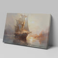 Framed canvas print of a historic sailboat sailing at sunset with golden light reflecting on the water