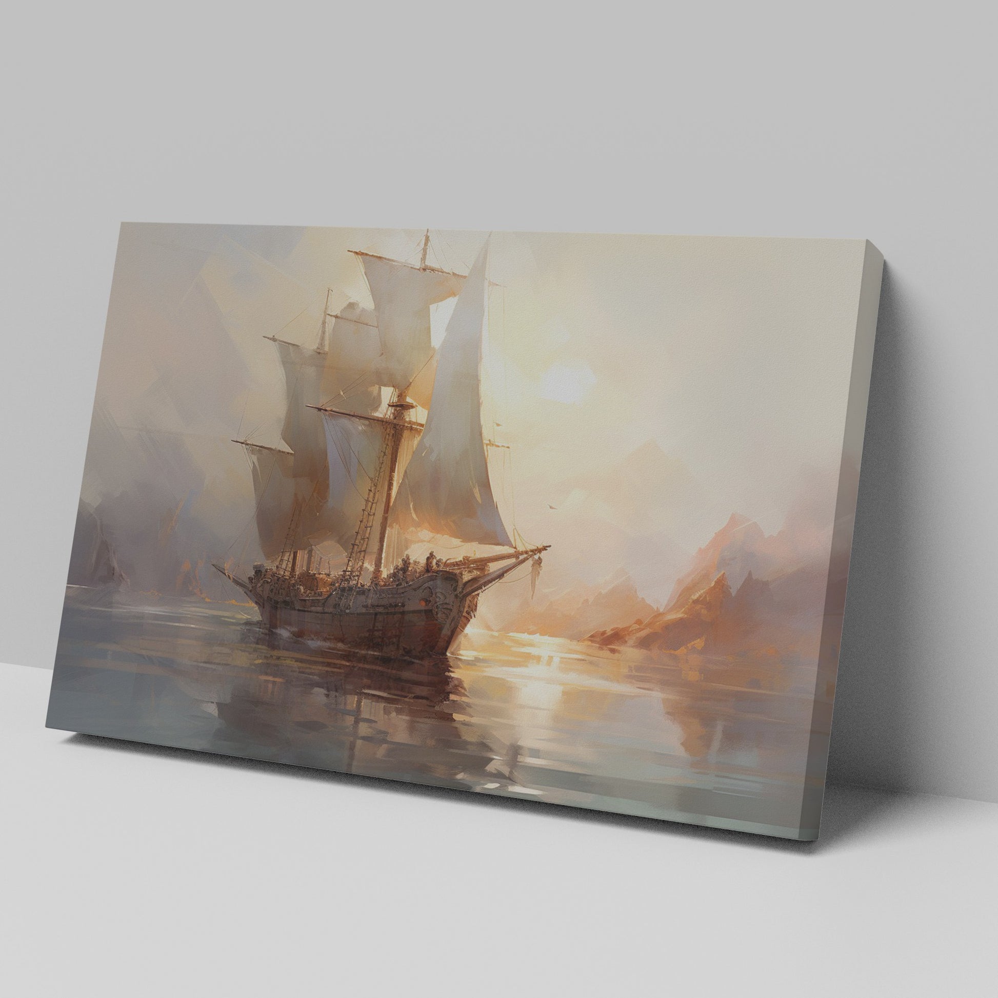 Framed canvas print of a historic sailboat sailing at sunset with golden light reflecting on the water