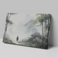 Framed canvas print featuring a solitary figure walking through a misty, ethereal bamboo forest cast in a monochrome colour scheme