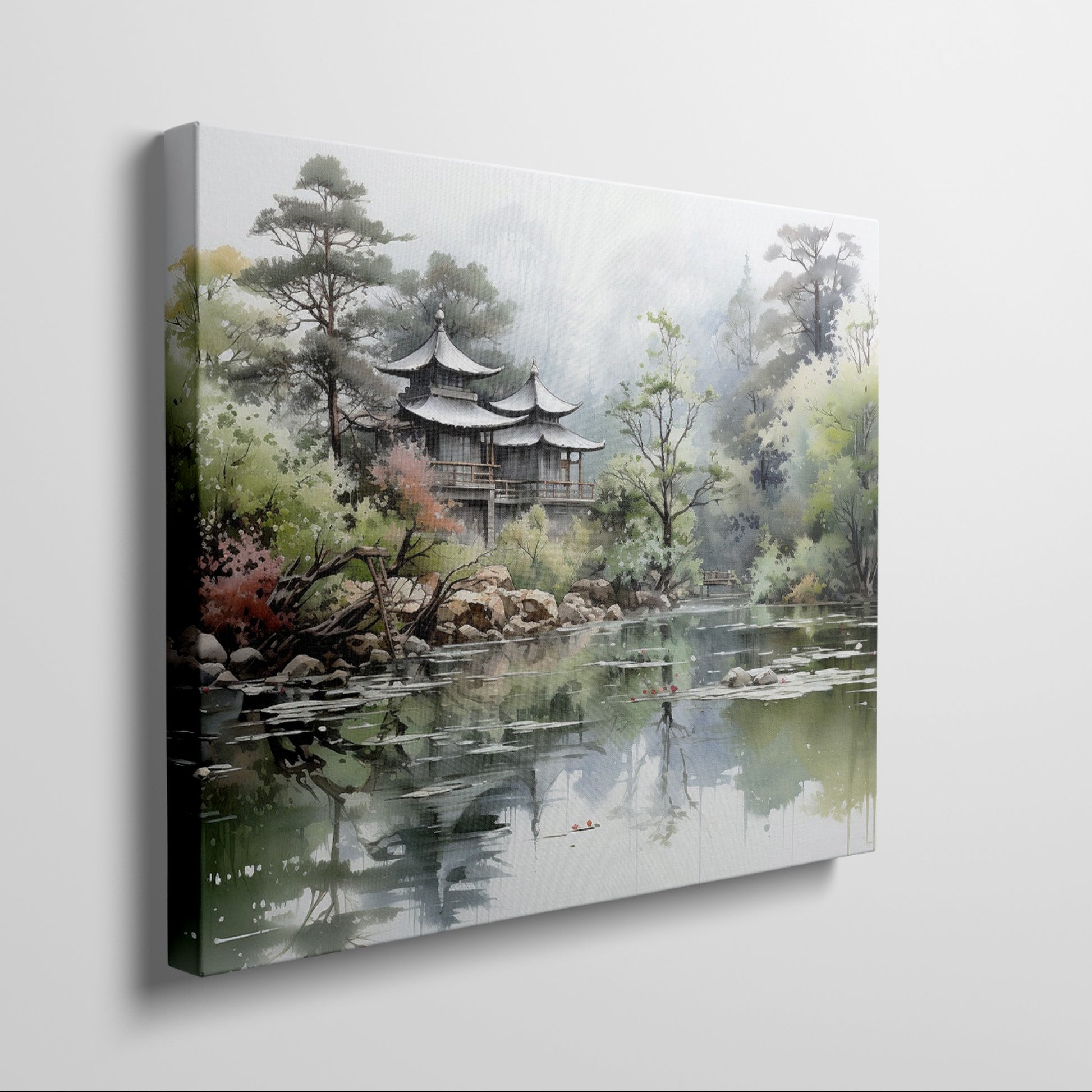 Framed canvas print of an Asian landscape with traditional pagoda and serene lake