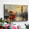 Framed canvas print of London with rain-swept Westminster, Big Ben, and a vintage red bus