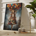 Framed canvas print of a whimsical girl floating with colourful balloons against a mystical city backdrop