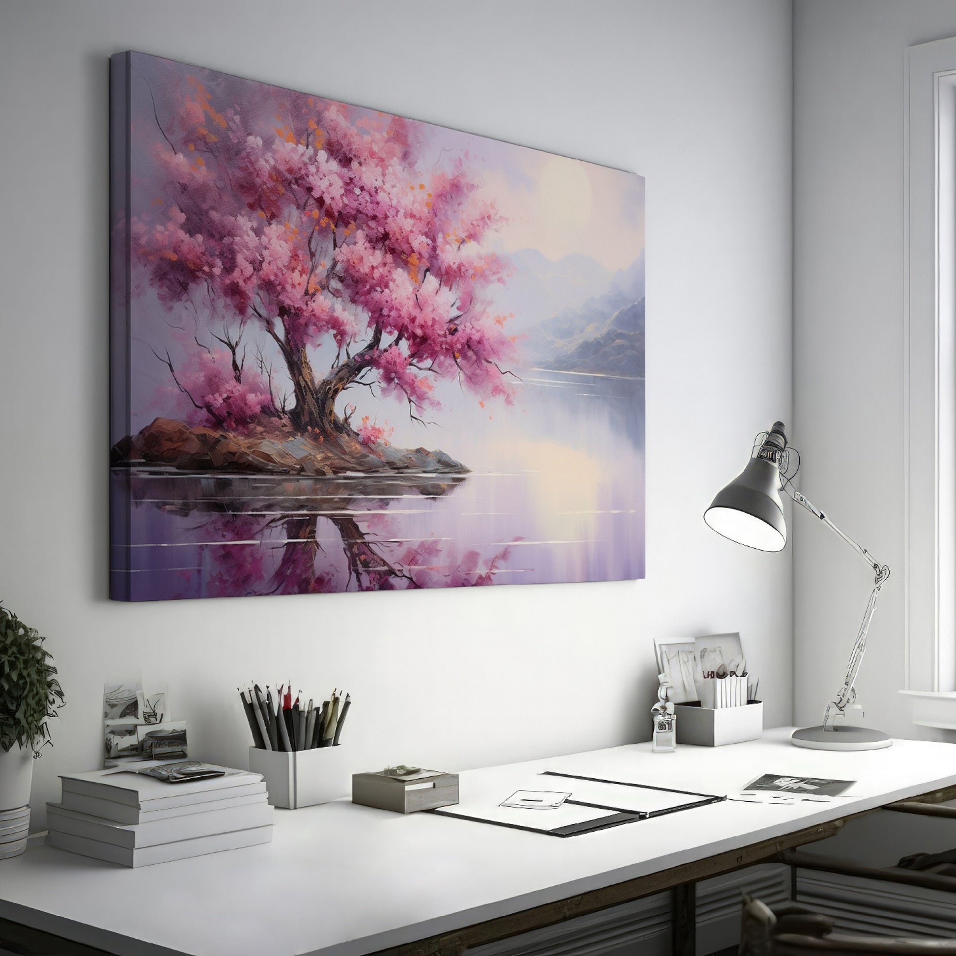 Framed canvas print of a cherry blossom tree by a tranquil lake at dusk with mountains in the background, reflecting soft pink and purple hues