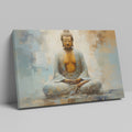 Framed canvas print of a serene Buddha in meditation with abstract elements and warm colour palette